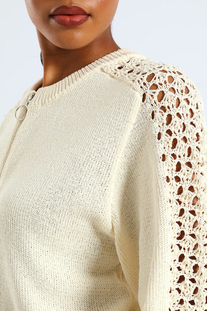 Zip Up Crochet Sleeve Bomber - Cream
