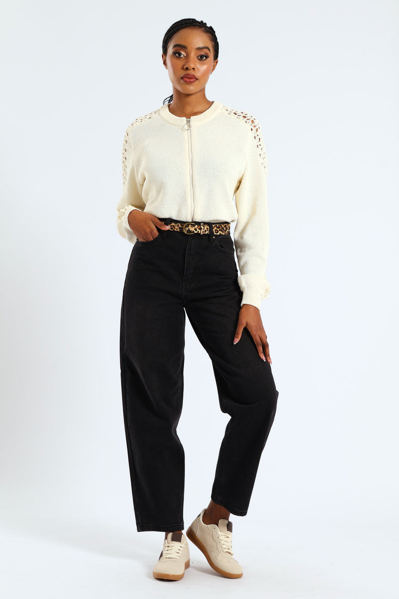 Animal Print Belted Hi-Rise Tapered Leg Denim - Black