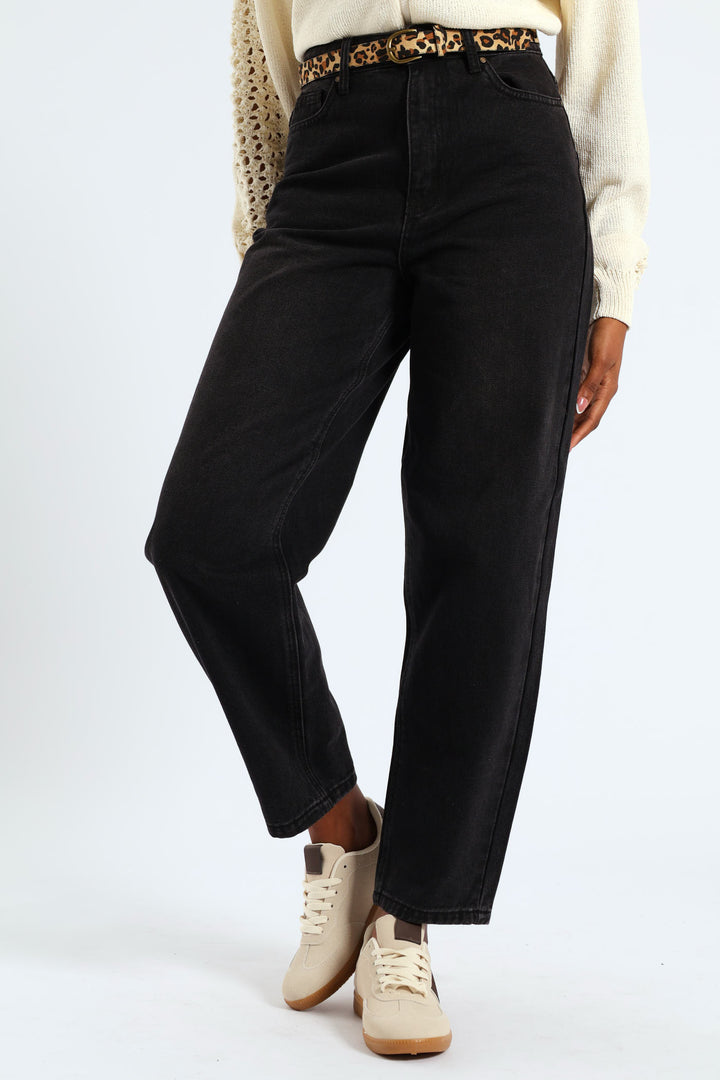 Animal Print Belted Hi-Rise Tapered Leg Denim - Black