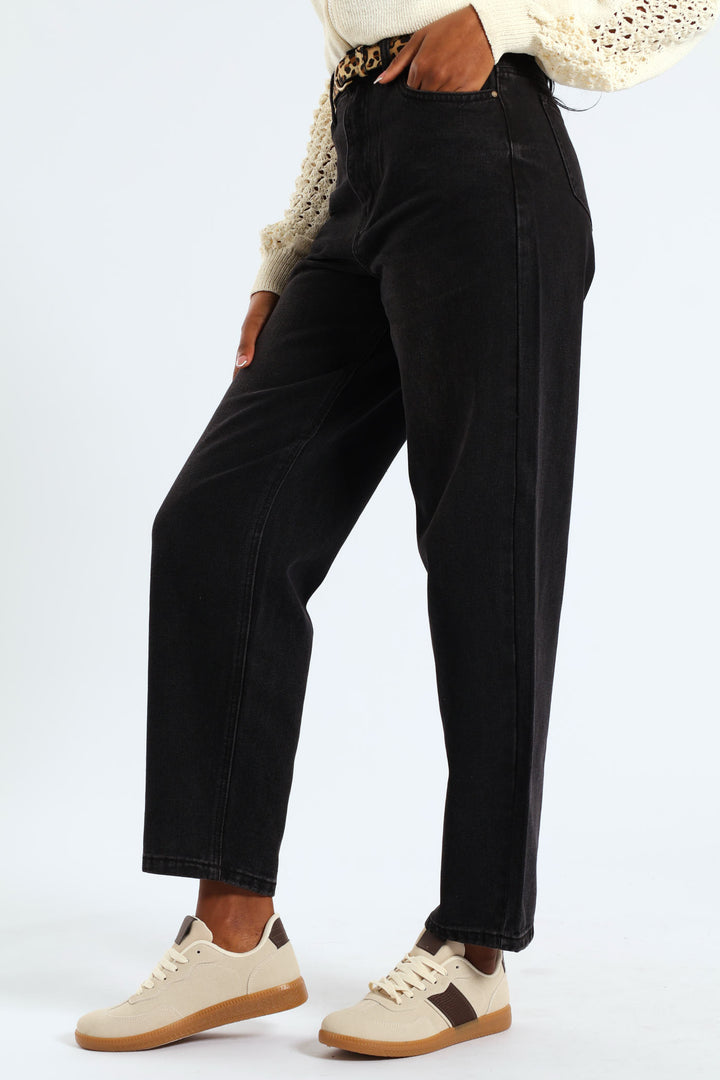 Animal Print Belted Hi-Rise Tapered Leg Denim - Black