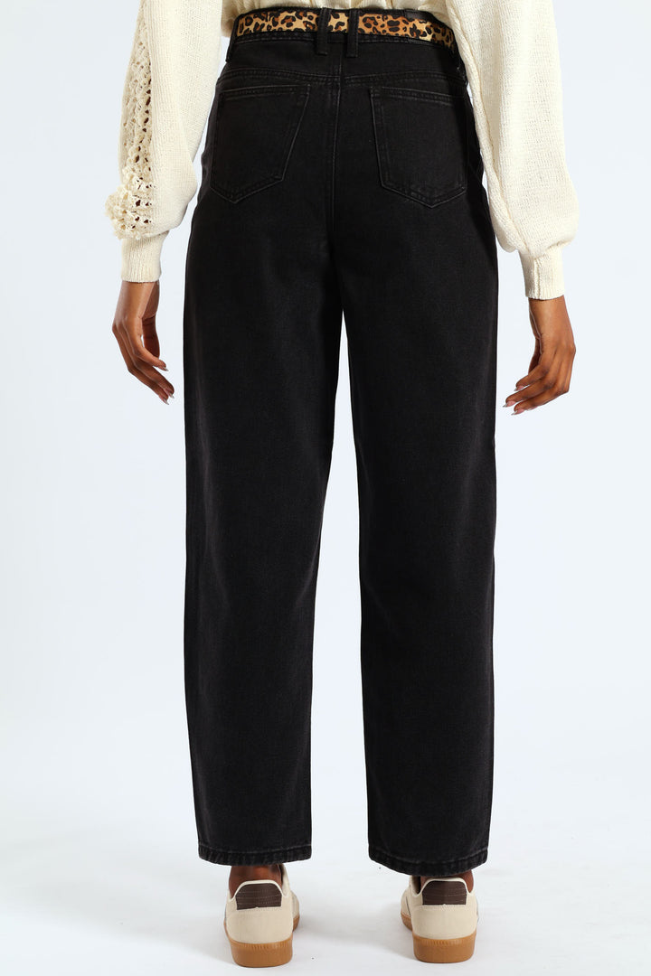Animal Print Belted Hi-Rise Tapered Leg Denim - Black