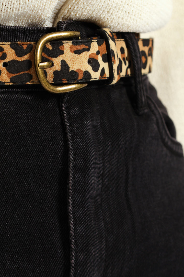 Animal Print Belted Hi-Rise Tapered Leg Denim - Black