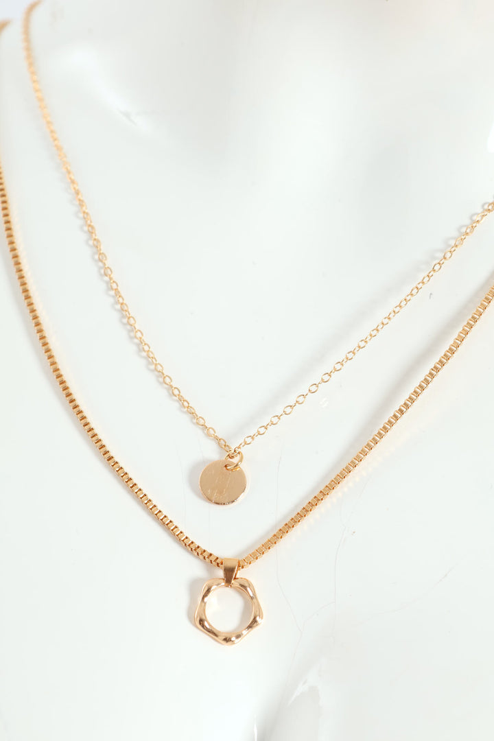 2 Layer Wavy & Disc Pendant Necklace - Gold