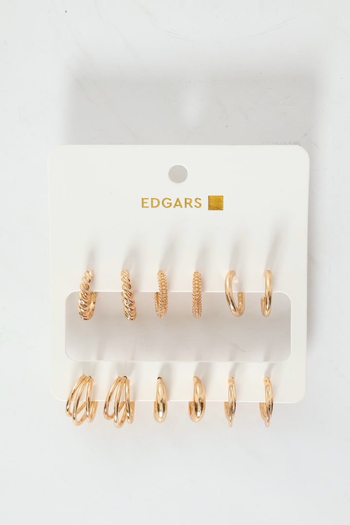 6 Pack Textured Hoop Earrings - Gold