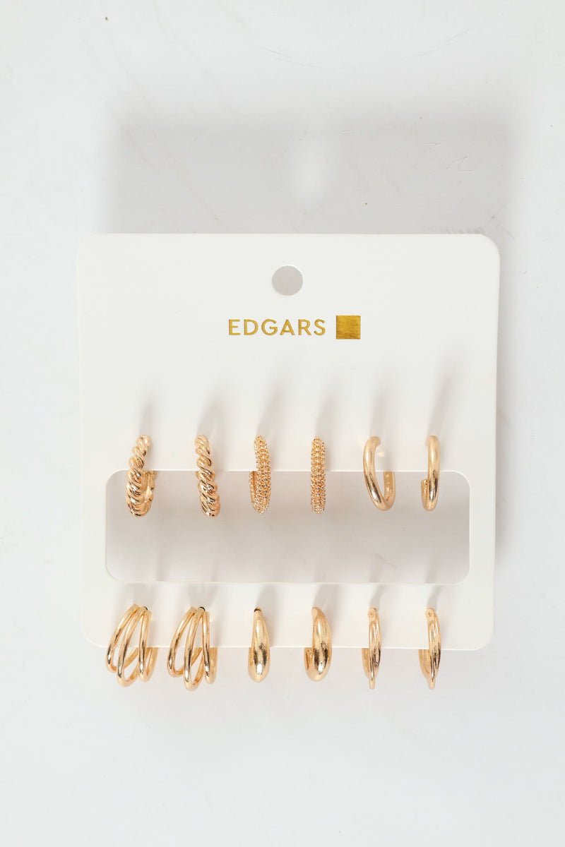 6 Pack Textured Hoop Earrings - Gold