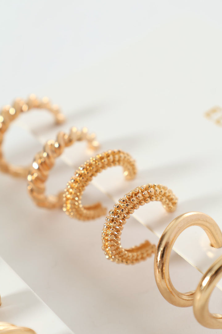 6 Pack Textured Hoop Earrings - Gold