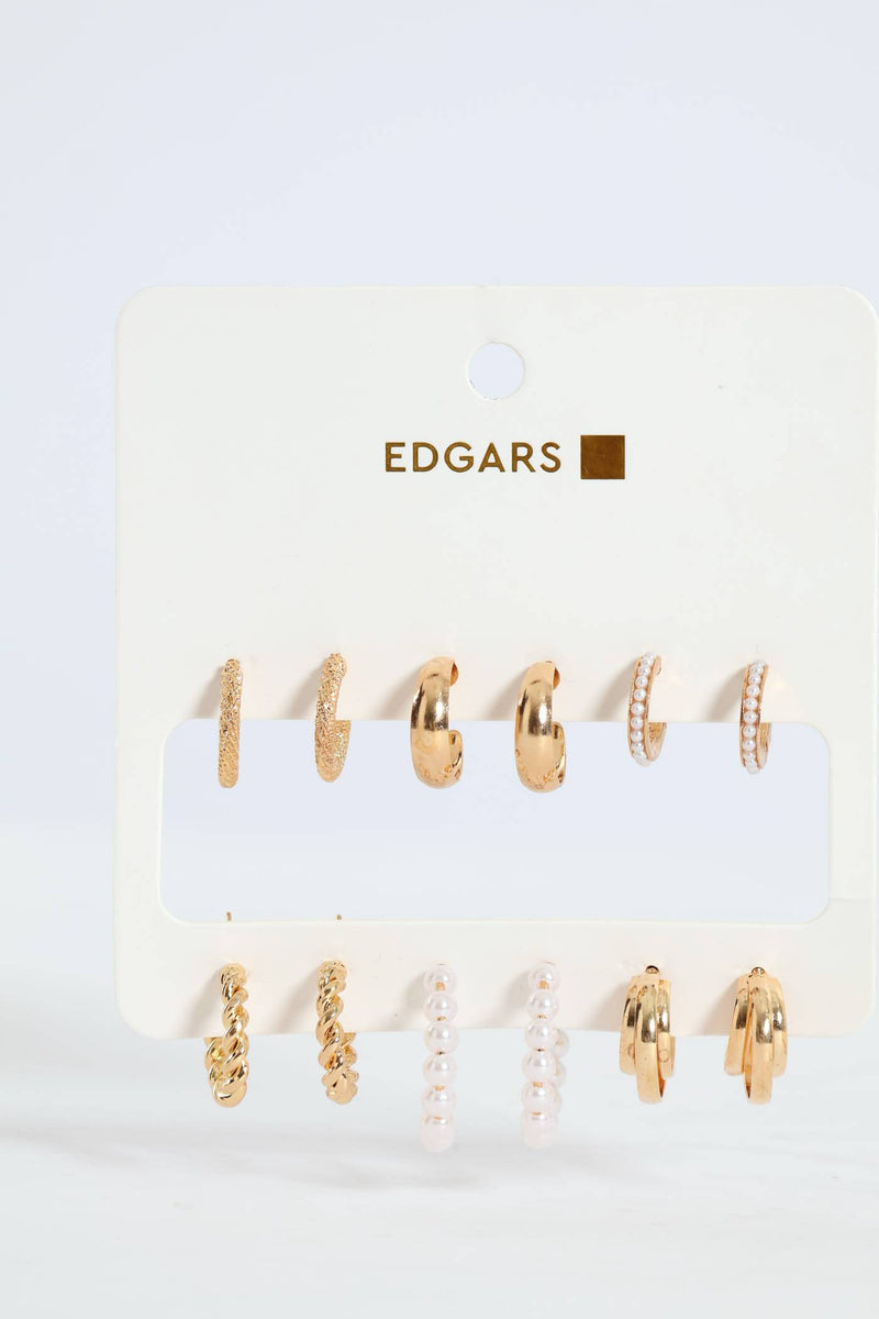 6 Pack Hoops With Pearl Beads - Gold