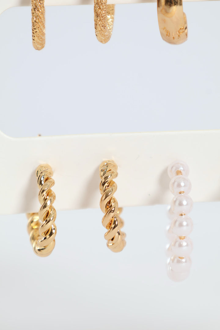 6 Pack Hoops With Pearl Beads - Gold