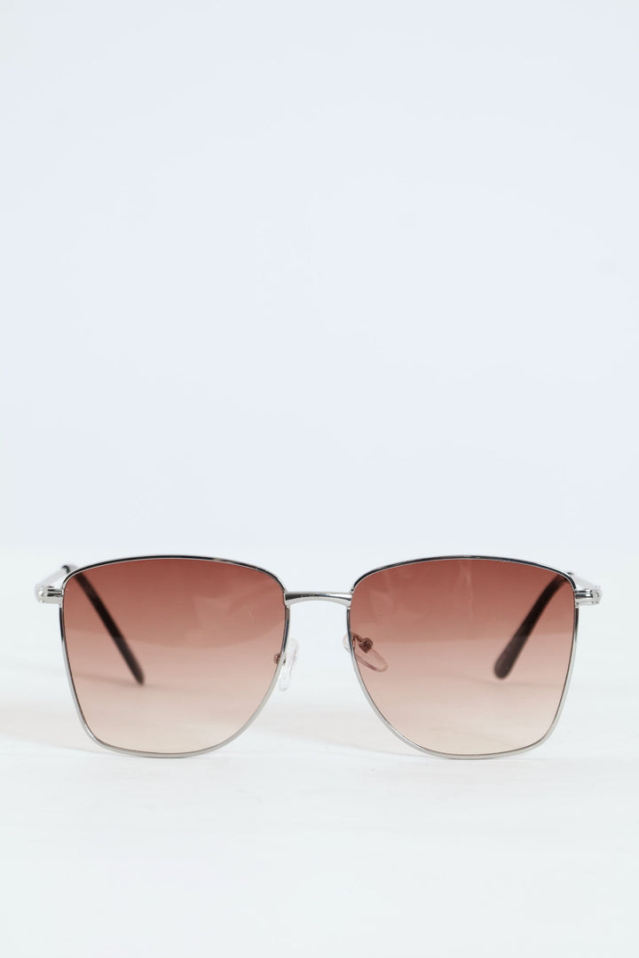 Square Metal Frame Brown Gradient Sunglasses - Silver