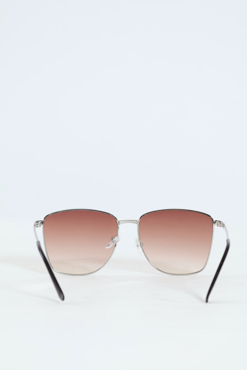 Square Metal Frame Brown Gradient Sunglasses - Silver