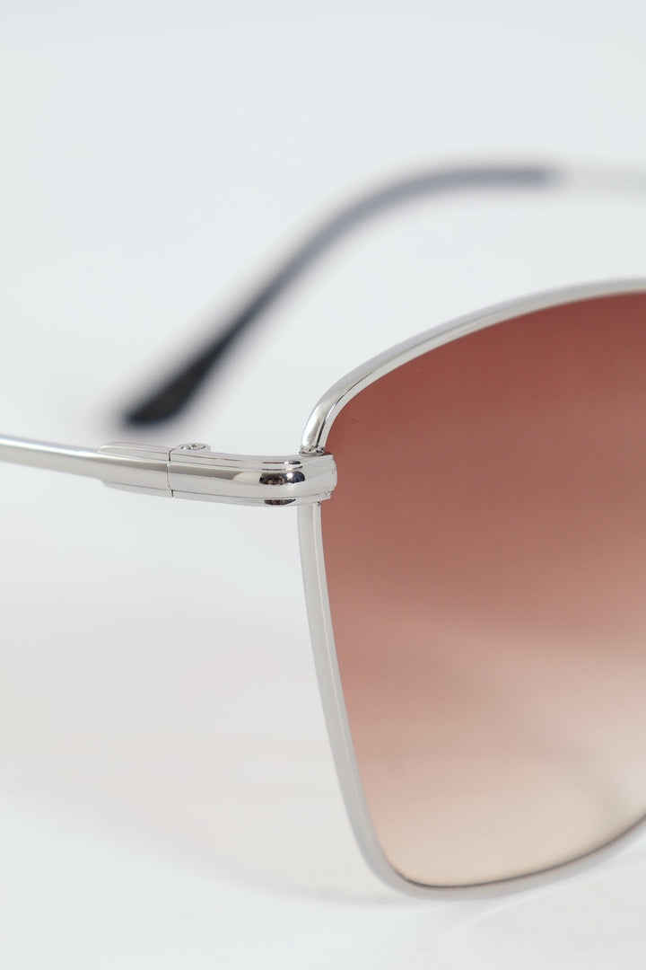 Square Metal Frame Brown Gradient Sunglasses - Silver