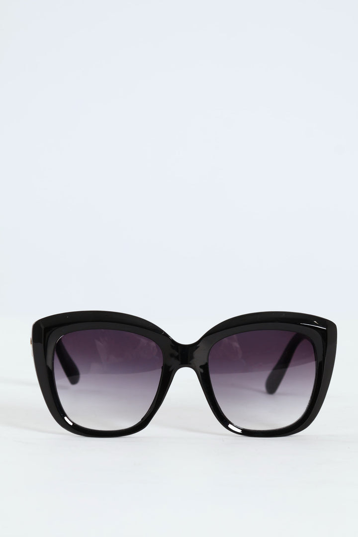 Gold Detail Temple Rounded Cateye Sunglasses - Black