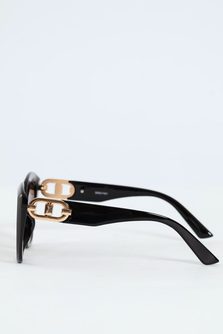 Gold Detail Temple Rounded Cateye Sunglasses - Black
