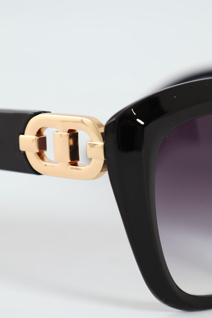 Gold Detail Temple Rounded Cateye Sunglasses - Black
