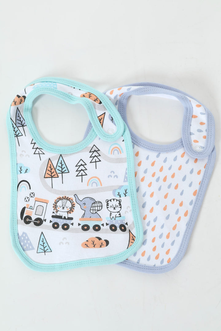 Baby Boys 2 Pack Animal Print Train & Drops Bibs - Blue/Black