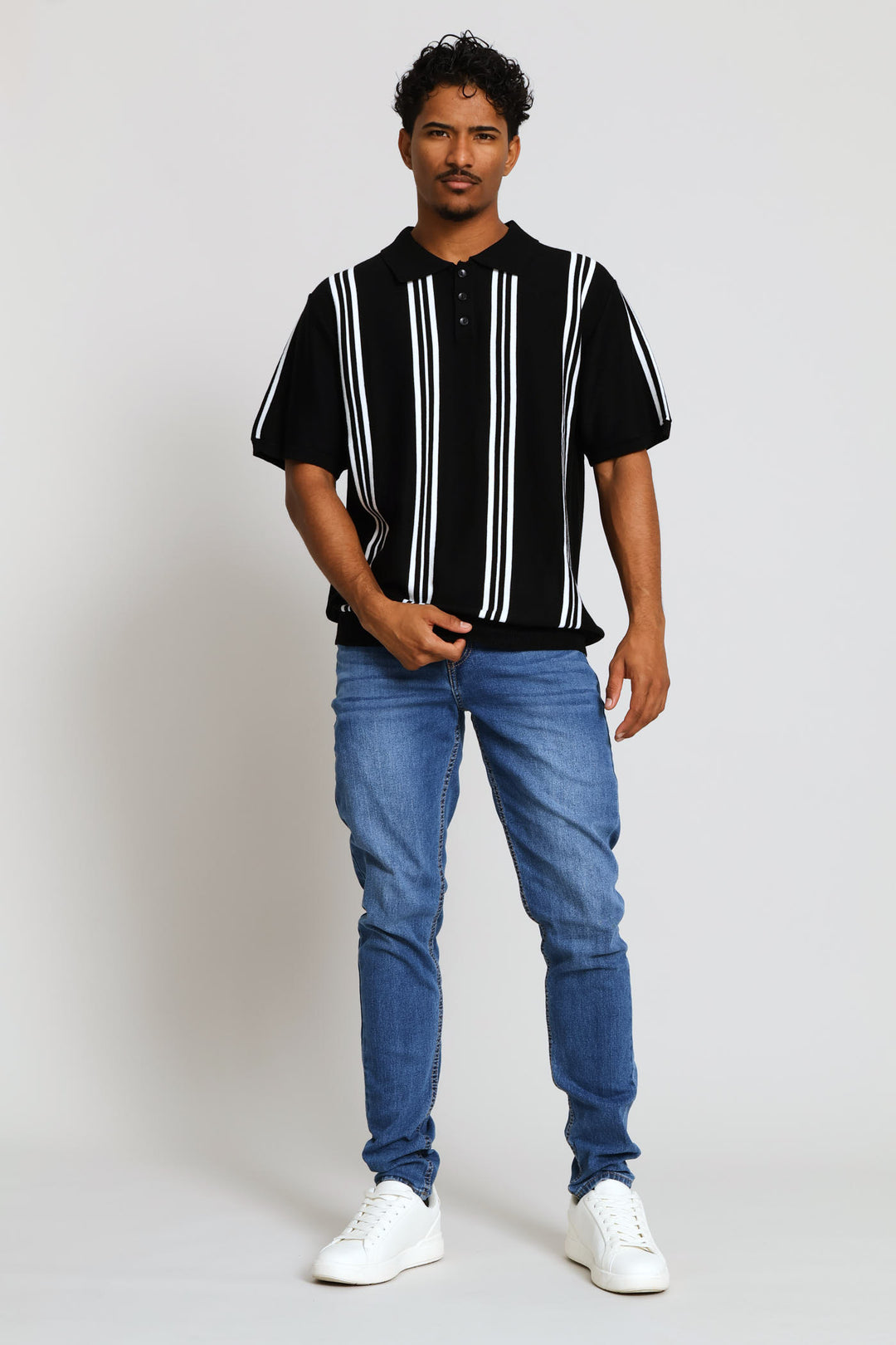 Stripe Fine Knit Golfer - Black