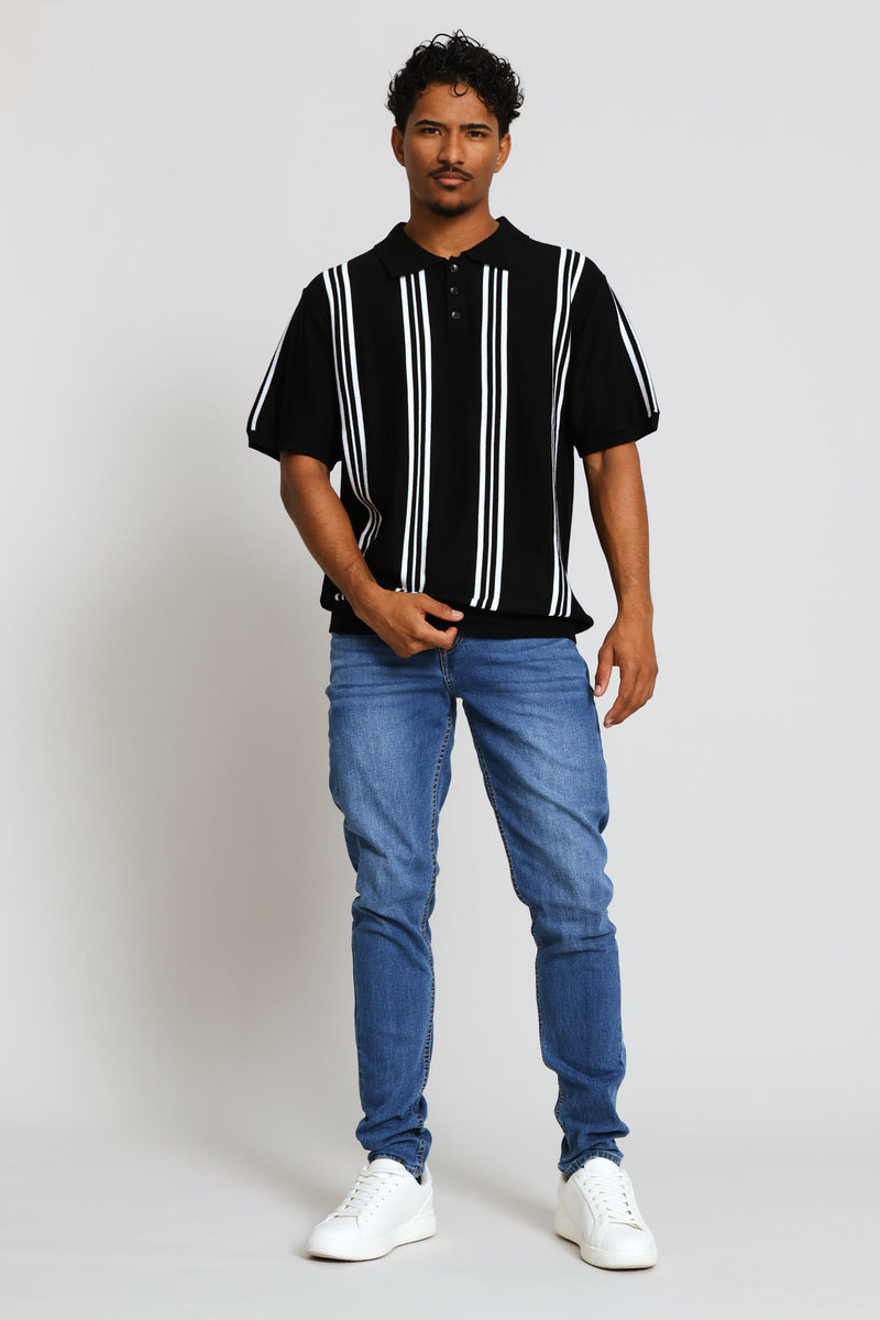 Stripe Fine Knit Golfer - Black
