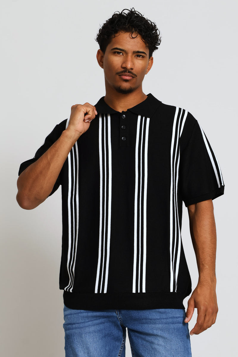 Stripe Fine Knit Golfer - Black