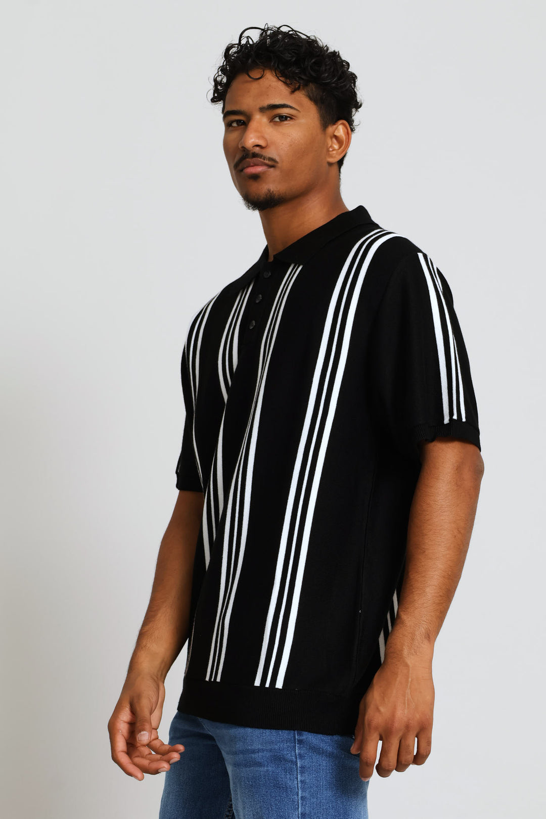 Stripe Fine Knit Golfer - Black
