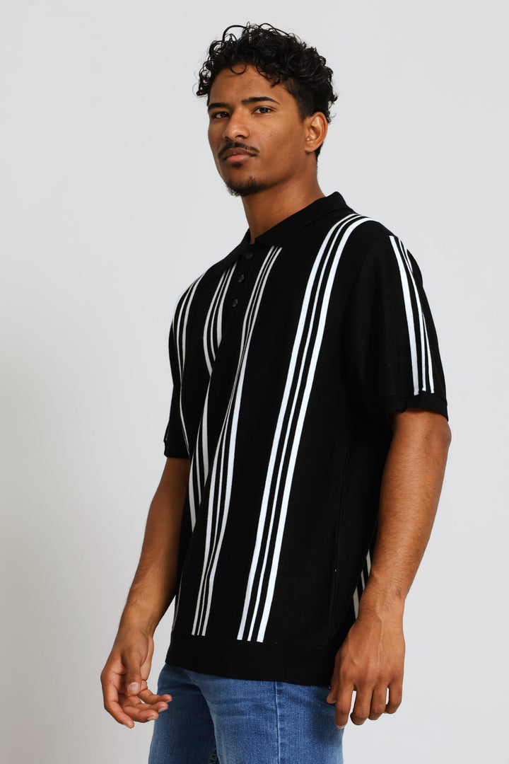 Stripe Fine Knit Golfer - Black