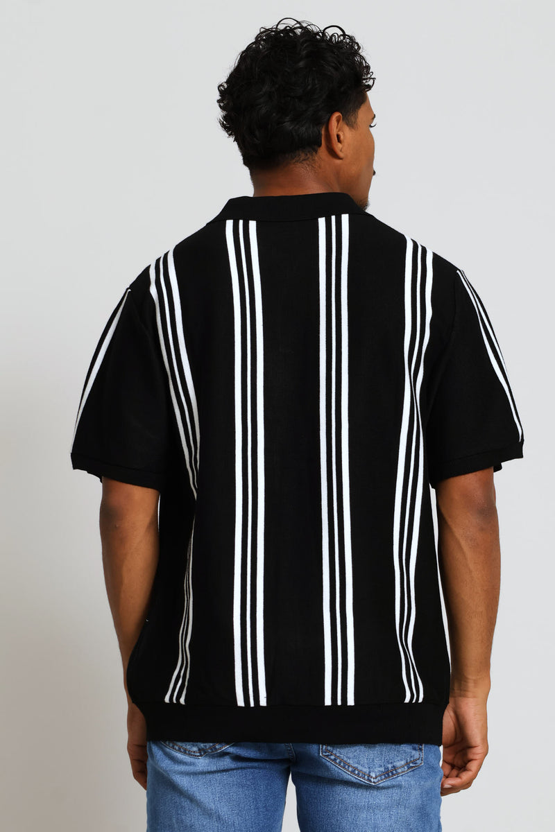 Stripe Fine Knit Golfer - Black