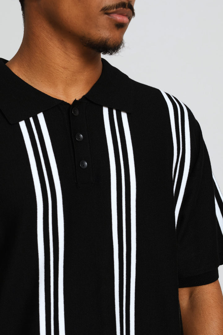 Stripe Fine Knit Golfer - Black