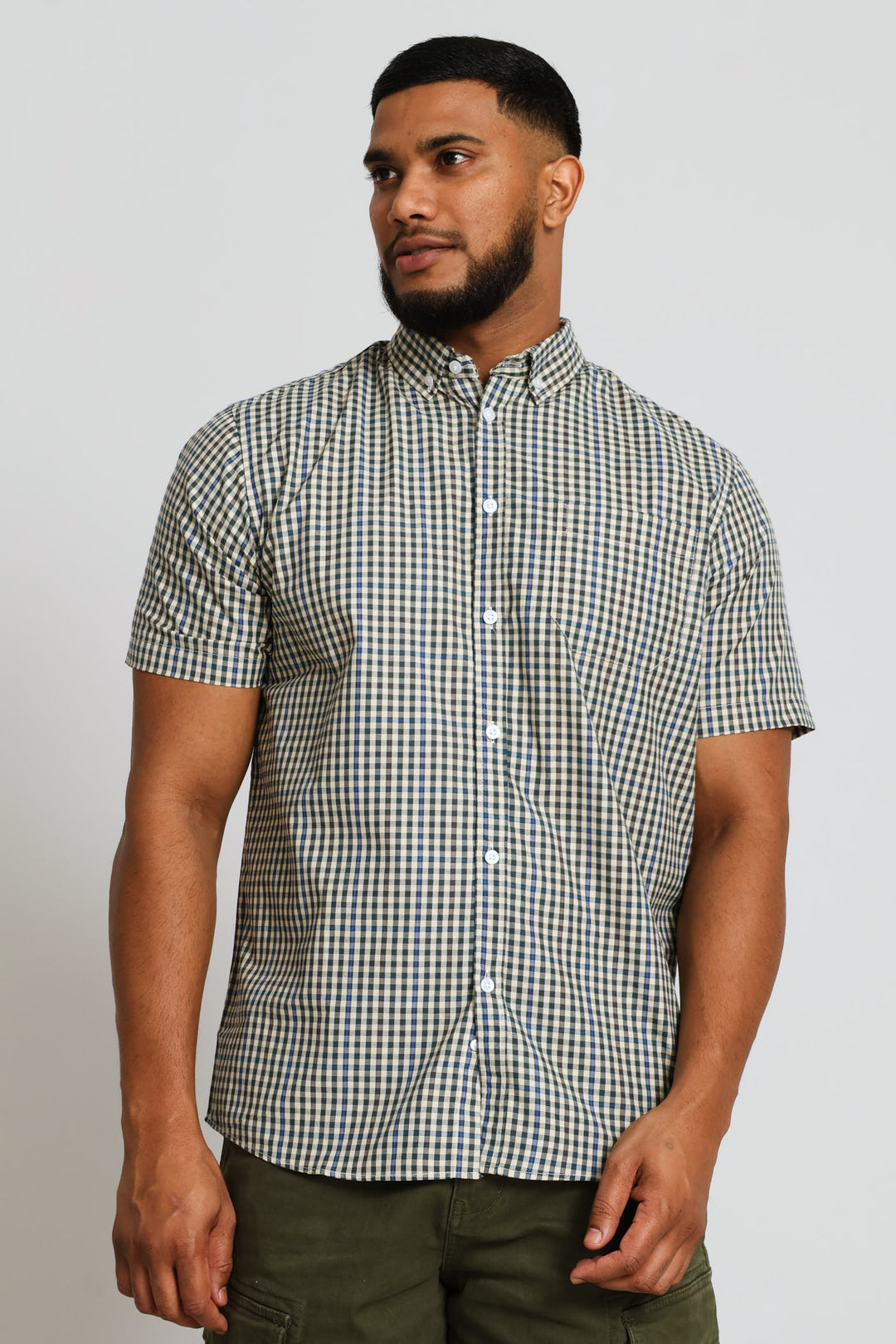 Fine Check Shirt - Stone/Green/Blue