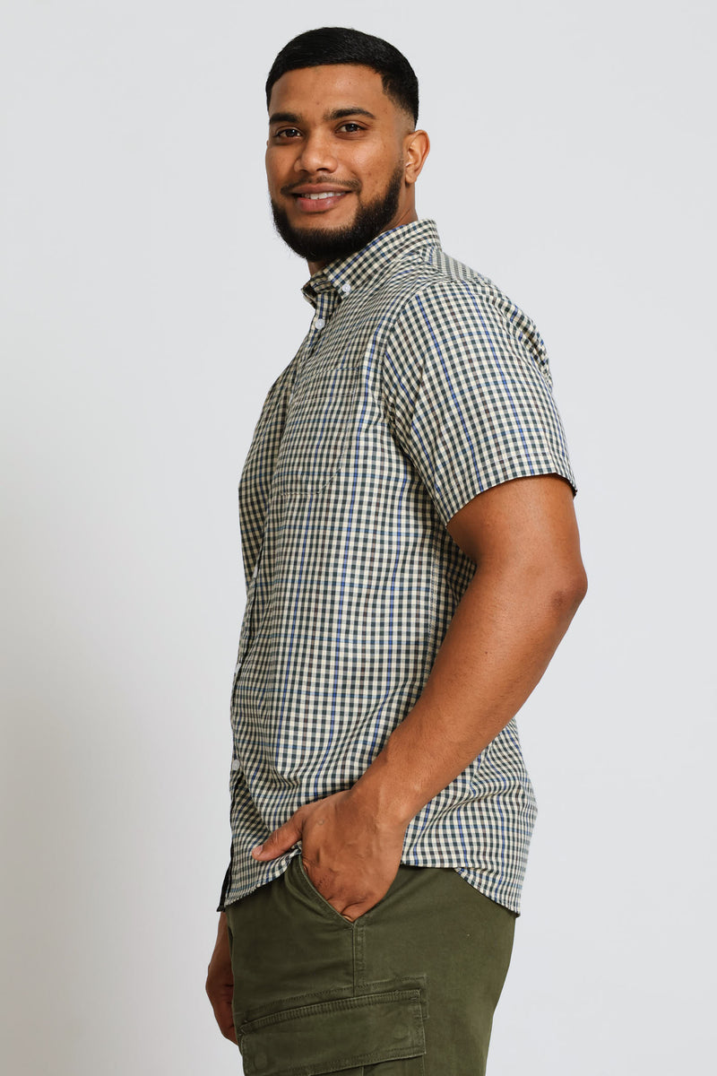 Fine Check Shirt - Stone/Green/Blue