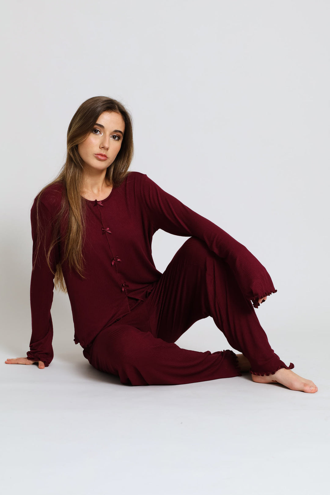 Straight Leg Rib Sleep Pant - Burgundy