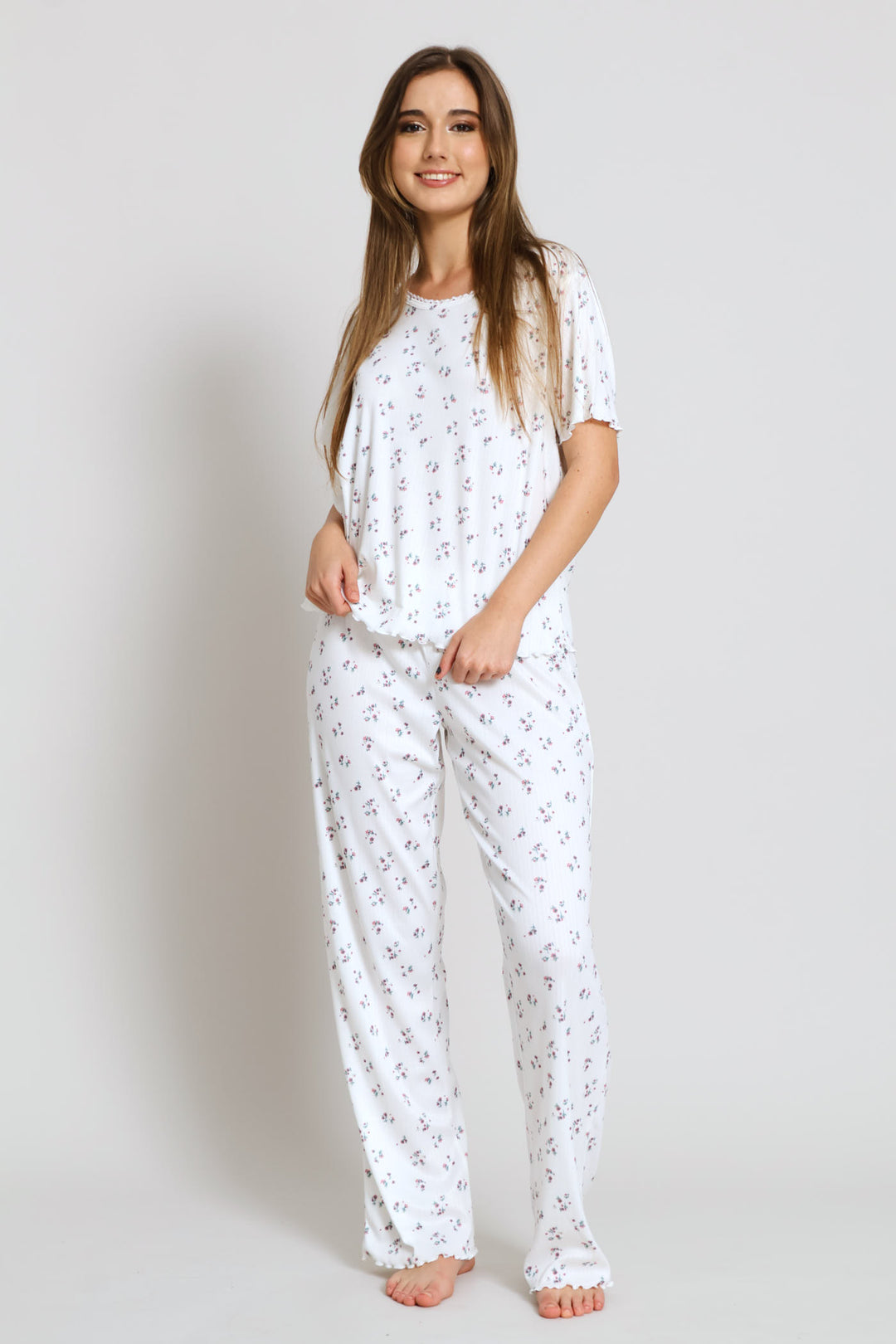 Brushed Pointelle Ditsy Sleep Tee - White