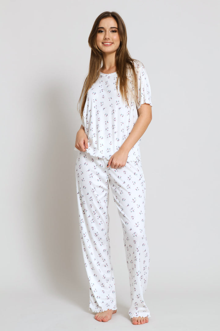 Brushed Pointelle Ditsy Sleep Tee - White