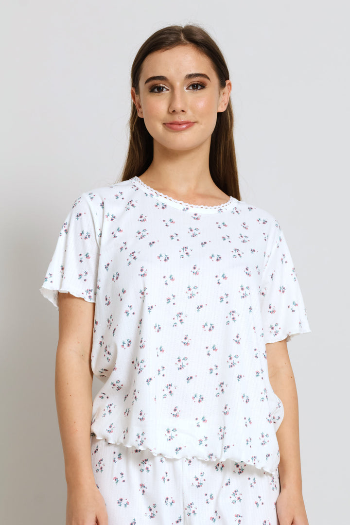 Brushed Pointelle Ditsy Sleep Tee - White