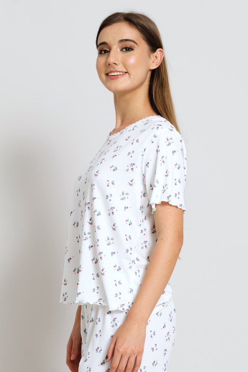Brushed Pointelle Ditsy Sleep Tee - White
