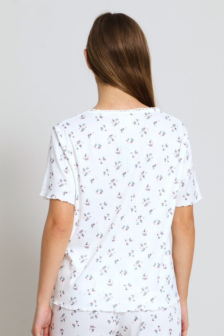 Brushed Pointelle Ditsy Sleep Tee - White