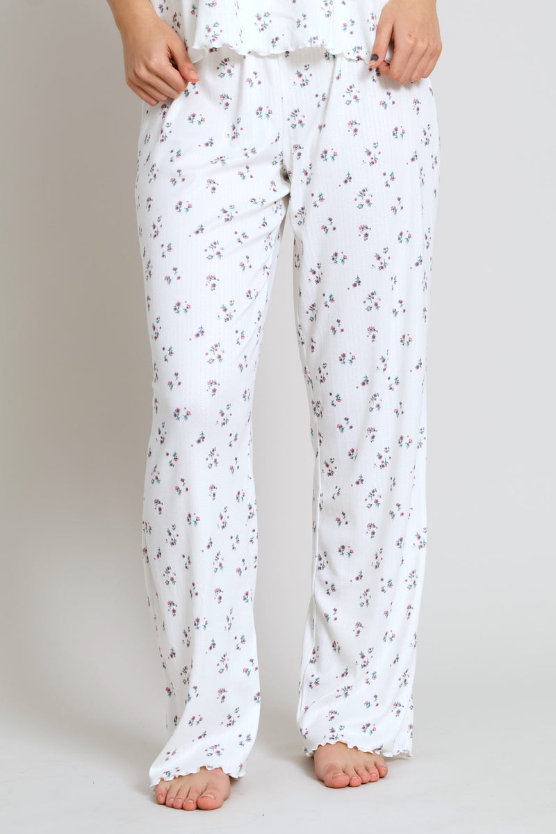 Brushed Pointelle Ditsy Sleep Pant - White