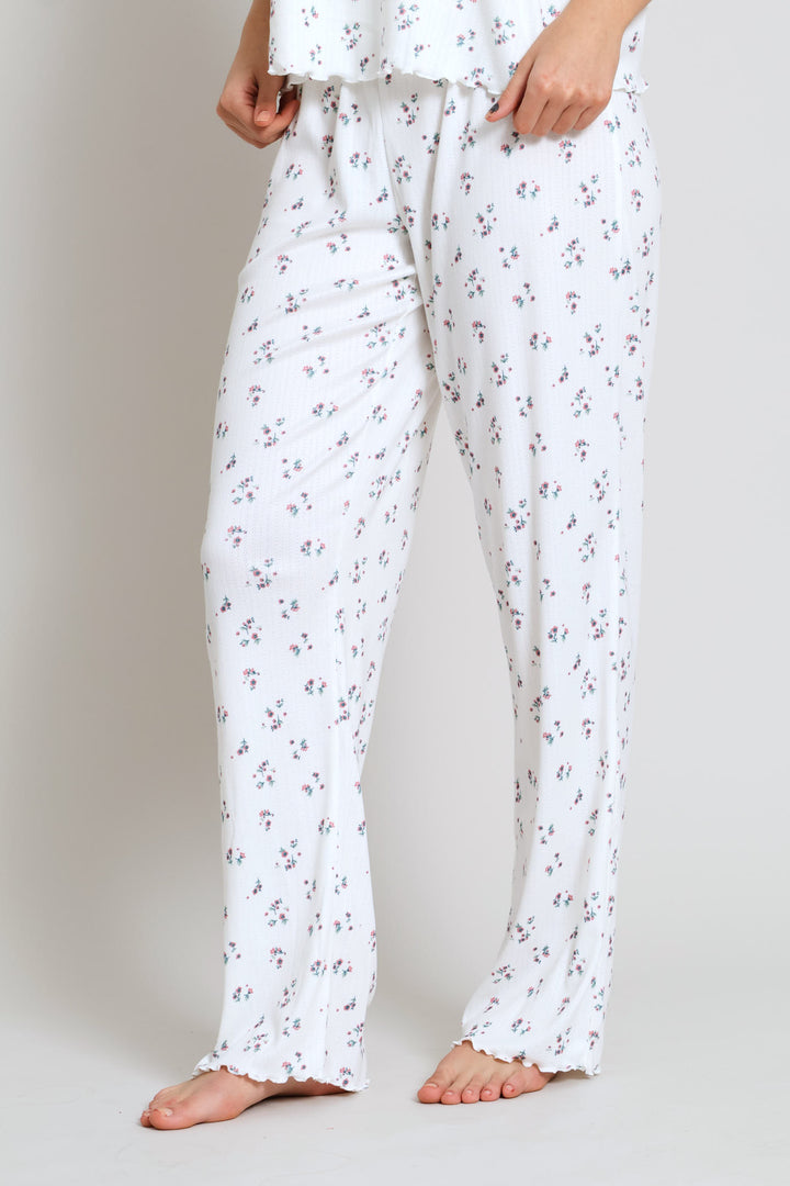 Brushed Pointelle Ditsy Sleep Pant - White