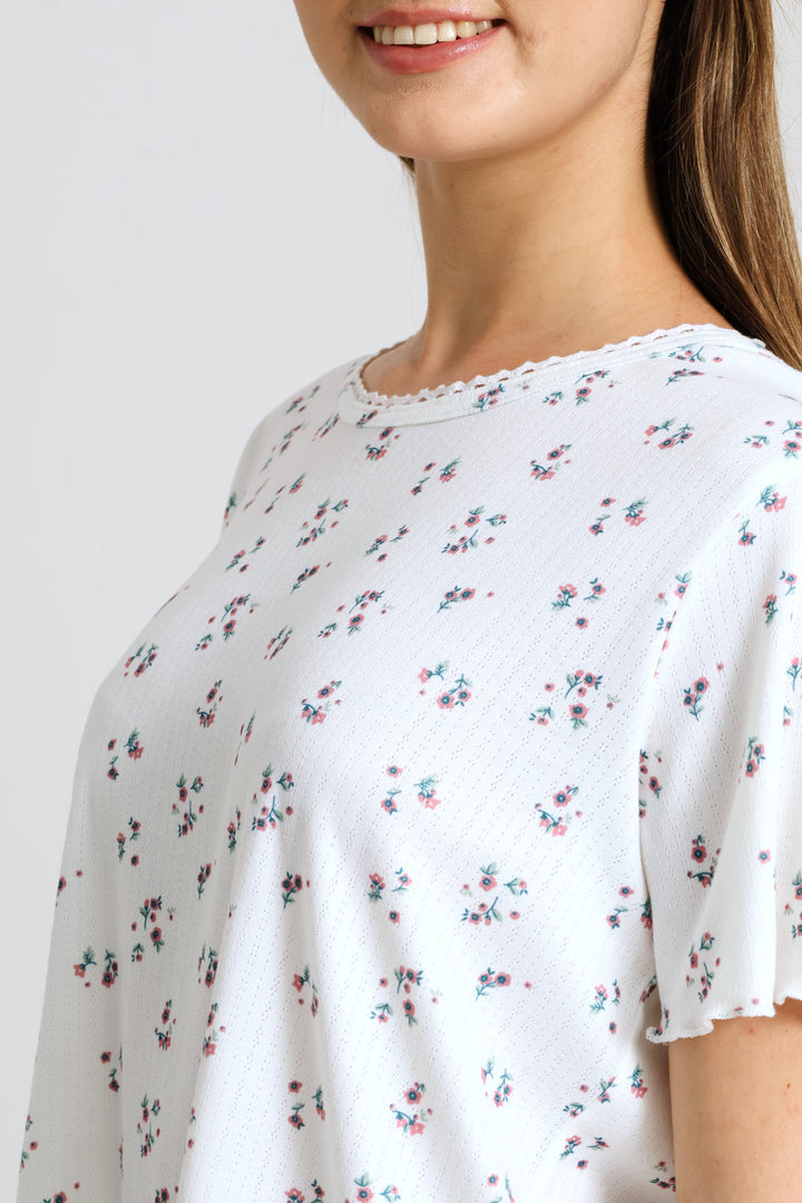 Brushed Pointelle Ditsy Sleep Tee - White