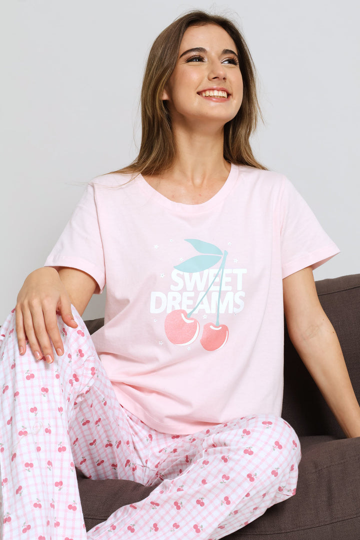 Short Sleeve Cherry Check Tee & Pant Set - Pink