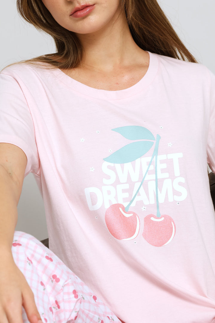 Short Sleeve Cherry Check Tee & Pant Set - Pink