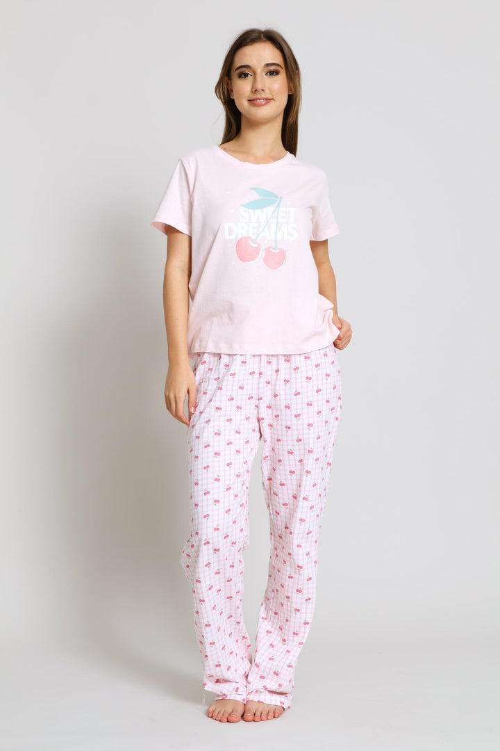 Short Sleeve Cherry Check Tee & Pant Set - Pink