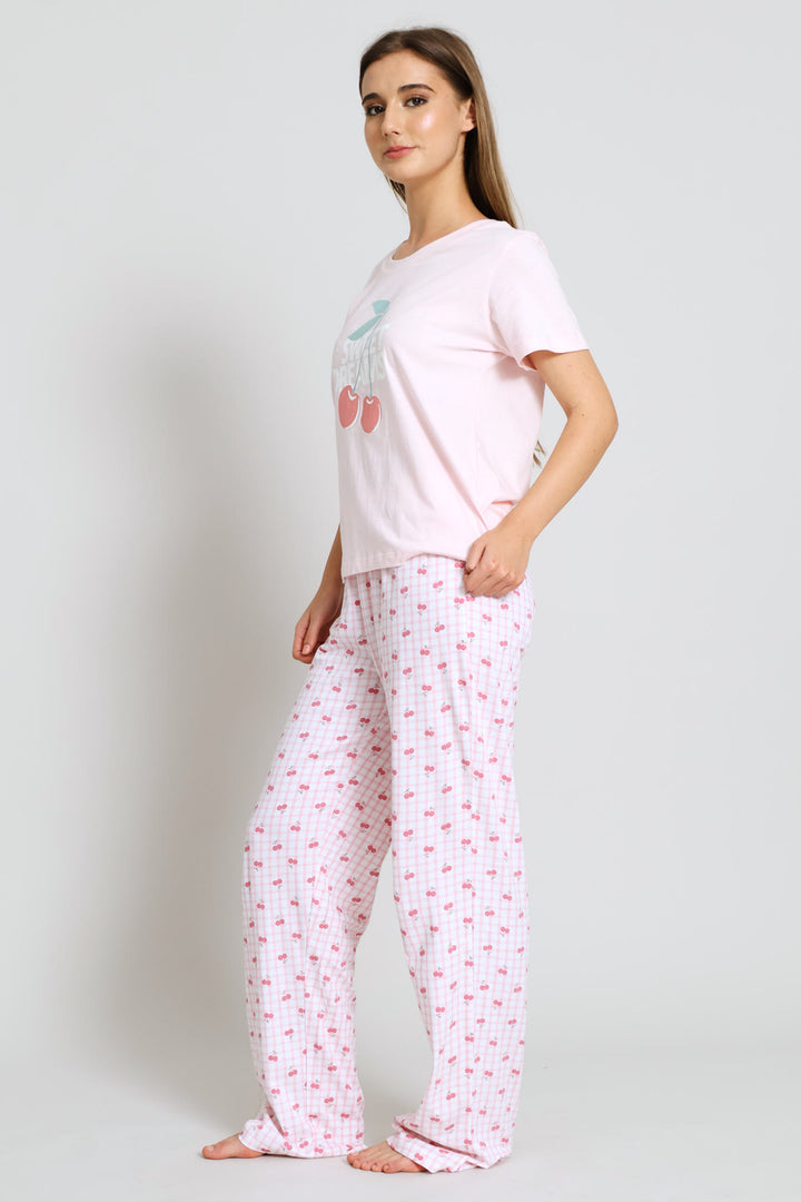 Short Sleeve Cherry Check Tee & Pant Set - Pink