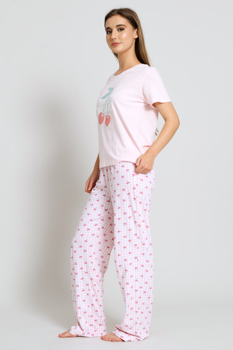 Short Sleeve Cherry Check Tee & Pant Set - Pink