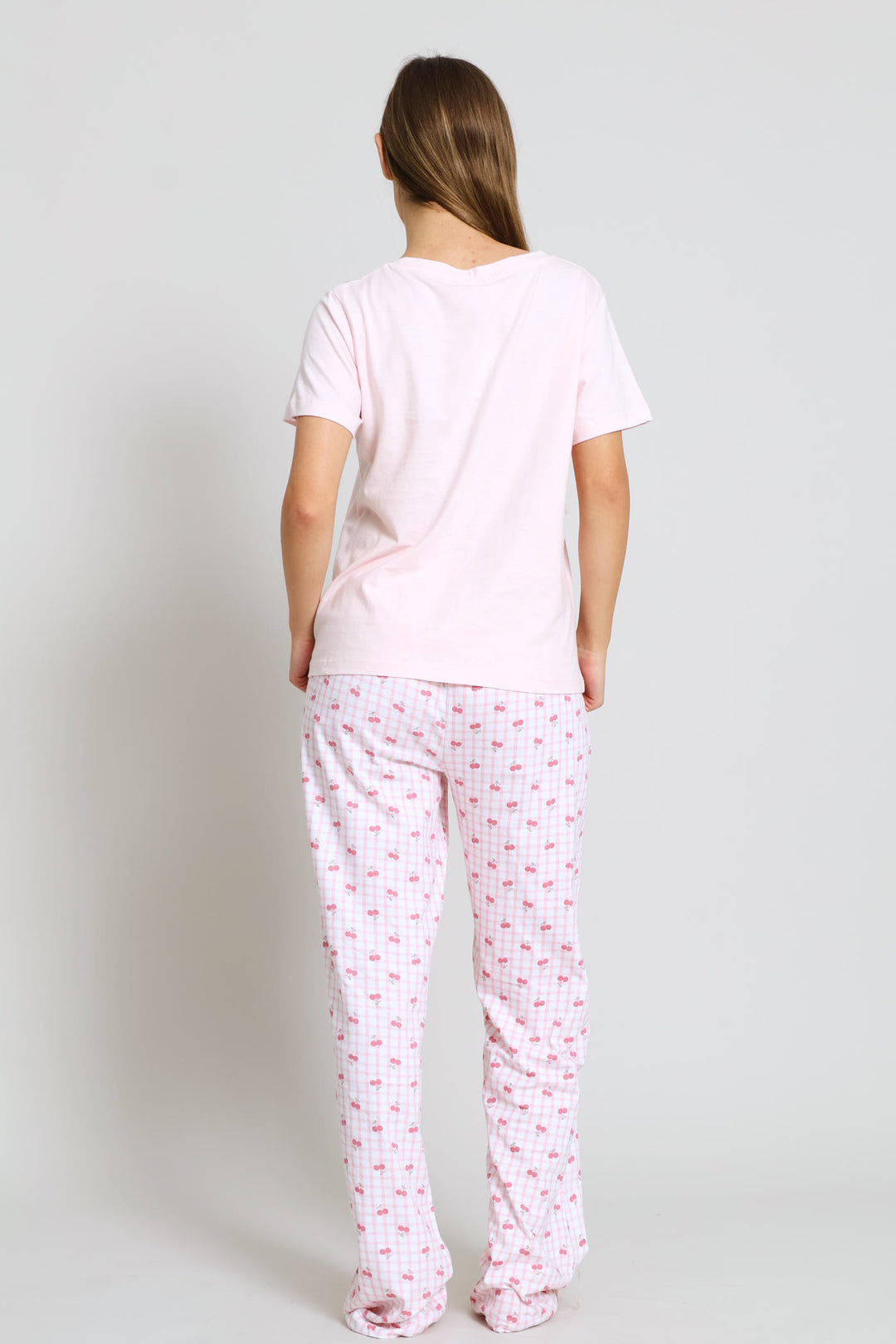 Short Sleeve Cherry Check Tee & Pant Set - Pink