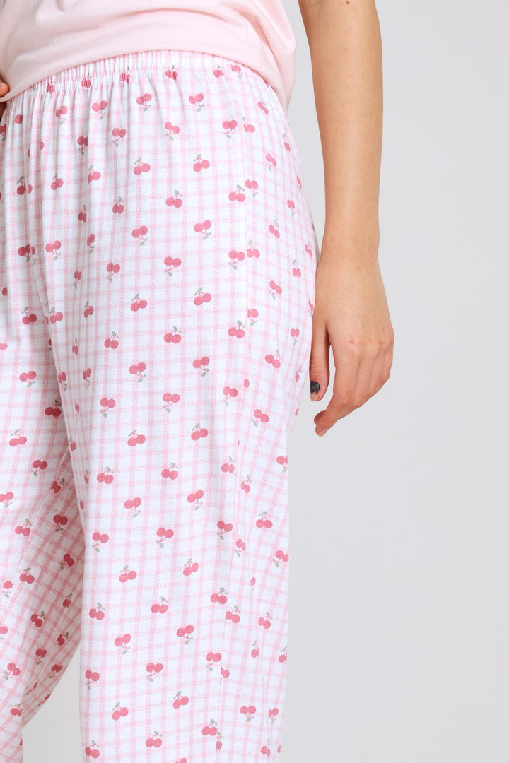 Short Sleeve Cherry Check Tee & Pant Set - Pink