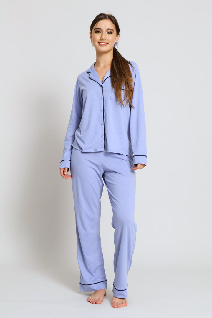 Piping Detail Long Sleeve Button Through & Knit Pant Set - Blue