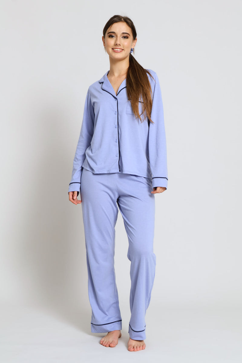 Piping Detail Long Sleeve Button Through & Knit Pant Set - Blue
