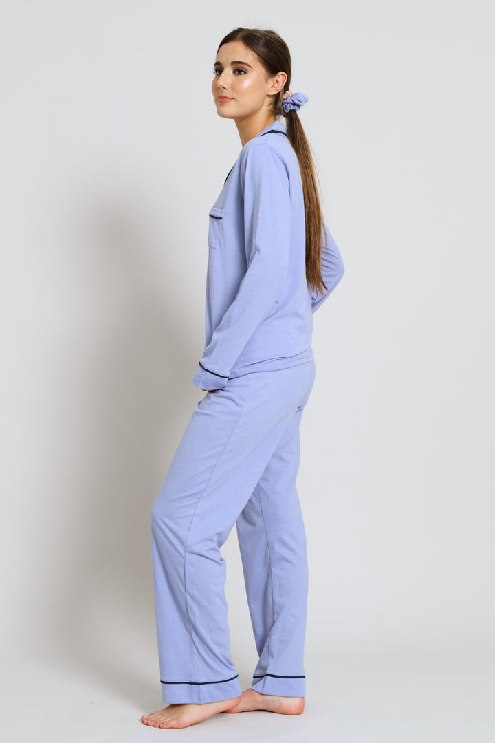 Piping Detail Long Sleeve Button Through & Knit Pant Set - Blue