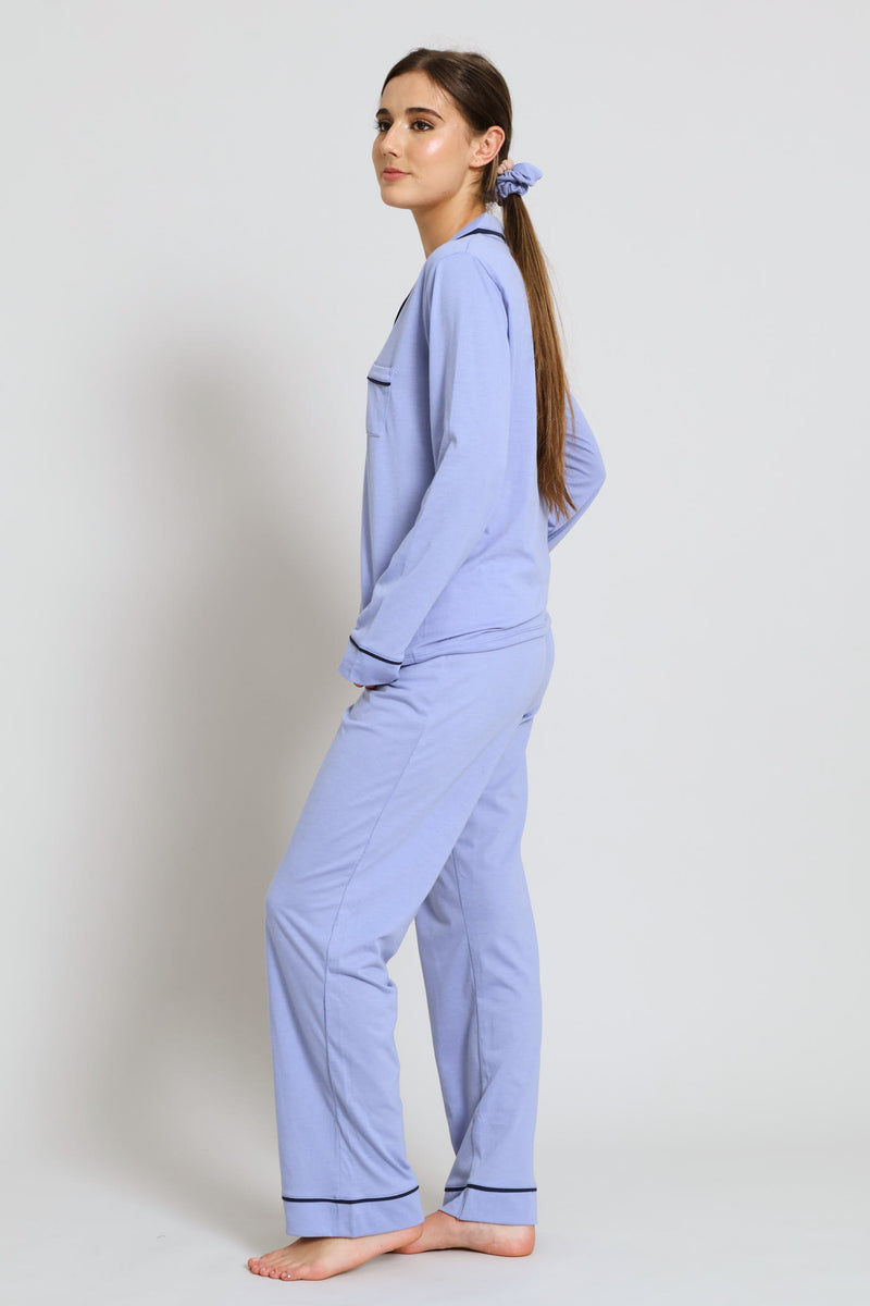 Piping Detail Long Sleeve Button Through & Knit Pant Set - Blue