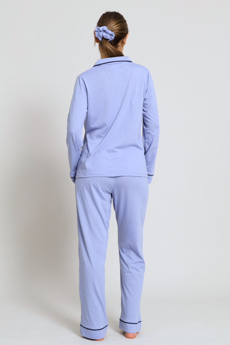 Piping Detail Long Sleeve Button Through & Knit Pant Set - Blue