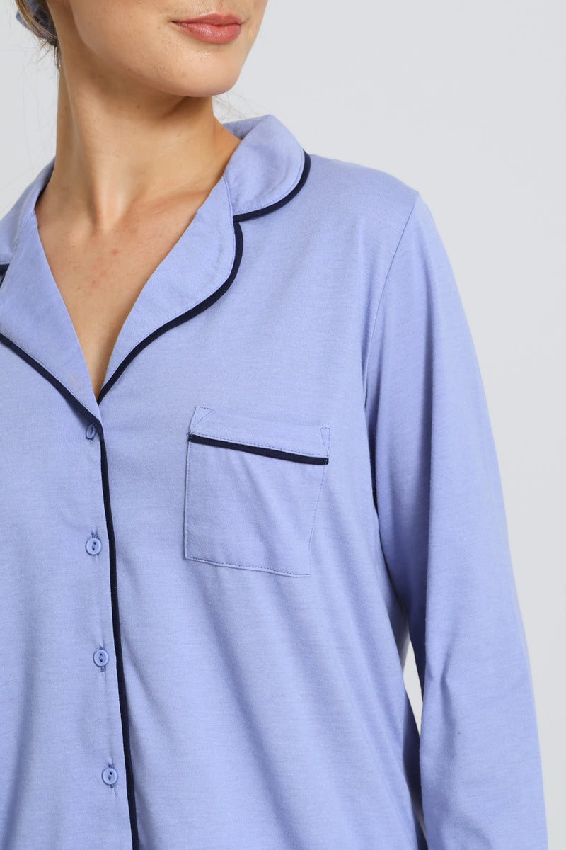 Piping Detail Long Sleeve Button Through & Knit Pant Set - Blue